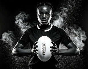 Powerful Black woman holding rugby ball, determined gaze, dramatic black & white with dust. Sports athlete, strength & focus on a dark background.
