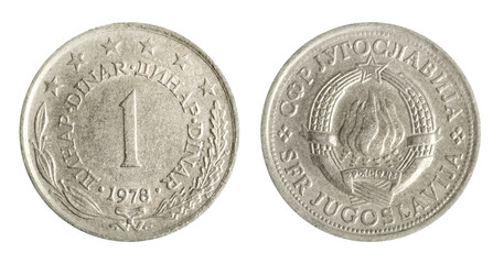 Isolated photo of 1 Jugoslavia dinar 1978 coin obverse and reverse on white background.