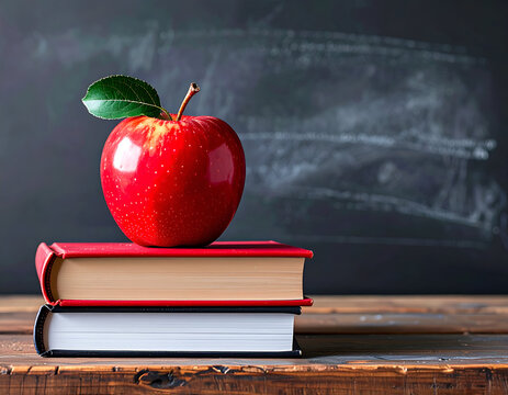 Fresh red apple on stacked books with a chalkboard backdrop, symbolizing education, knowledge, and healthy learning in a school setting. - Powered by Adobe