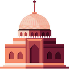 A Pixelated Islamic Mosque Building With a Dome and Minaret in Shades of Orange and Maroon With a Transparent Background