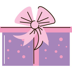 A purple gift box with pink ribbon and bow on a transparent background, decorated with pink polka dots.