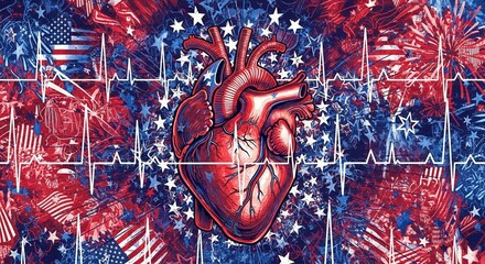 A dramatic, patriotic illustration of a human heart with an EKG line against a background featuring US flag elements, stars, and fireworks, symbolizing American health and pride.