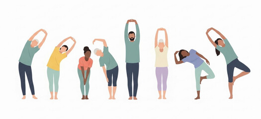 An illustration depicting a diverse group of men and women of various ages and ethnicities performing stretching and light yoga exercises on a white background.