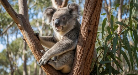 Naklejka premium Koala Bear in Eucalyptus Tree: A koala, with its iconic grey fur and fluffy ears, rests contentedly amidst the branches of a eucalyptus tree, embodying the serene essence of the Australian outback.