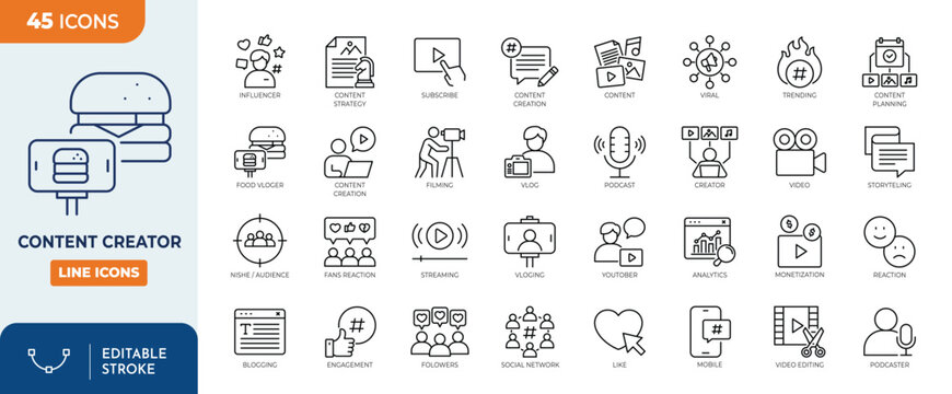Content creator line editable icon set. featuring icons of various media, content, podcast, blogger, live streaming, social network, and more. Editable stroke. Vector illustration	