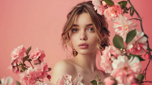 A woman with delicate features is the centerpiece of this , surrounded by a profusion of pink roses. The soft light and gentle petals create an atmosphere of timeless elegance.