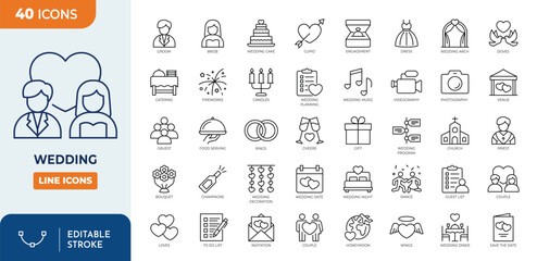 Fototapeta na wymiar Wedding outline editable icon set. Containing marriage, ceremony, party, love, rings, bouquet, tuxedo, dress, dinner, photo, and more. Editable stroke. Vector illustration 
