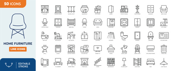 Home furniture outline editable icon set. featuring icons of various home furniture, appiliance, decoration and more. Editable stroke. Vector illustration	