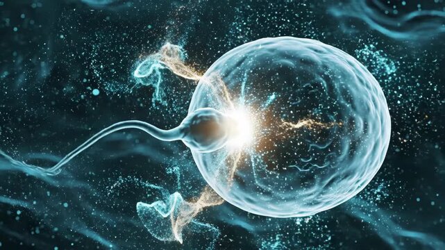 Sperm Fertilizing Egg Cell in Microscopic View.
