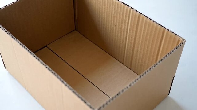 Close-up shot of an empty open brown cardboard box with visible corrugated texture placed on a clean white surface