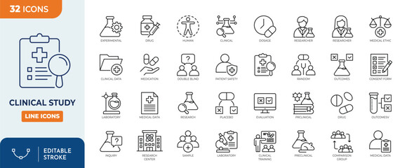 Minimalist Clinical Study outine icons set with editable stroke. Vector illustration
