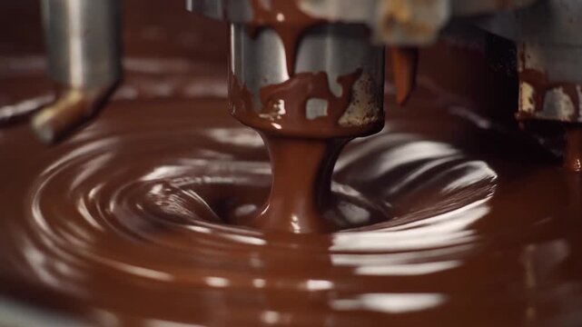 capturing the chocolate making process, showing thick, glossy milk chocolate flowing in a swirling motion inside an industrial processing machinee