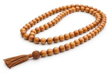 Obraz premium Wooden mala necklace with natural wood beads and tassel, crafted for meditation and spiritual practices. Elegant wooden mala serves as a beautiful accessory for mindfulness and yoga enthusiasts.