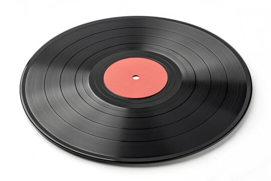 Vinyl record on white background with red center showcasing its black grooves. Vinyl record highlights unique features like texture and color, perfect for music lovers and collectors. - Powered by Adobe