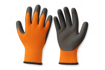 Pair of orange and black protective work gloves representing safety, construction, industrial tasks, and diy projects