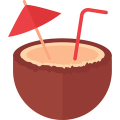 A refreshing tropical coconut drink garnished with a red umbrella and a red straw on a transparent background
