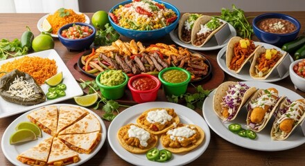 A Culinary Fiesta: A vibrant spread of authentic Mexican dishes adorns a rustic wooden table, inviting taste buds to a culinary celebration.