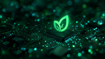 digital ai leaf symbol glowing on dark green background, sustainable innovation theme