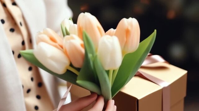 A woman holds a box with a bow and a bouquet of tulips on top of it.