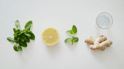 Fresh mint, lemon, ginger and water on white background for healthy drink concept