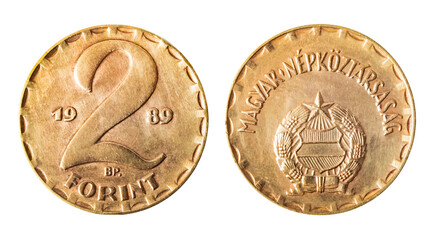 Isolated photo of 2 forint Hungary 1989 coin obverse and reverse on white background.