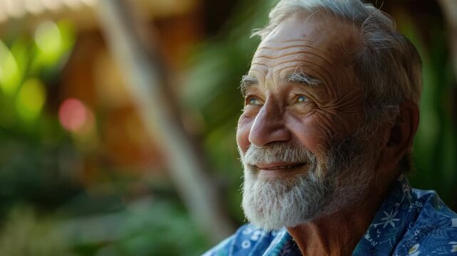 A man with a beard and gray hair is smiling. He is wearing a blue shirt. The shirt has a floral pattern