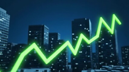 A glowing green stock market chart indicating financial growth and investment success over a modern city skyline at night - Powered by Adobe