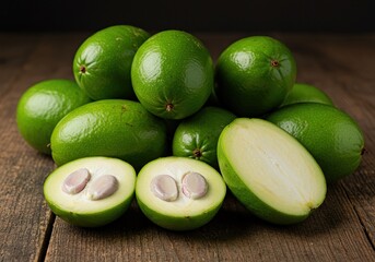 Freshly harvested butter fruits arranged on a rustic wooden table, displaying the smooth, deep green skin and the rich, creamy interior ,wood ,gourmet ,food