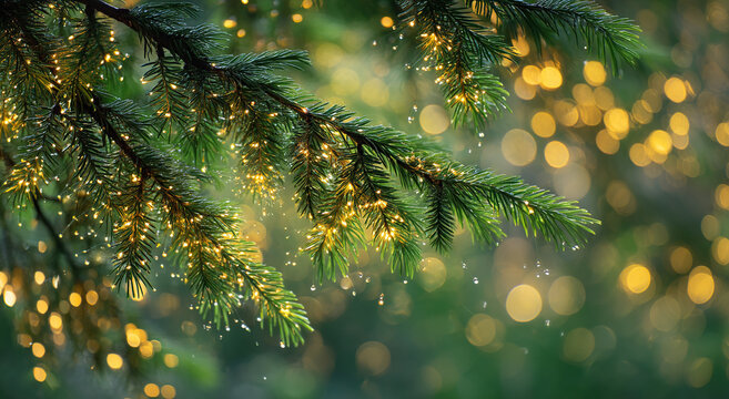 Sparkling fairy lights twinkle on evergreen branches with gentle dew drops, creating a magical festive atmosphere.