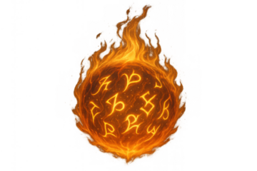 Burning magic fire orb with ancient mystic runes glowing, casting a fantasy spell, transparent background