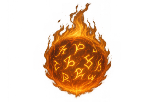 Burning magic fire orb with ancient mystic runes glowing, casting a fantasy spell, transparent background