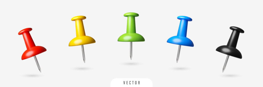 3D plastic push pin set. Realistic office paper thumbtack. Isolated colourful vector design elements