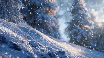 Snowflakes fall gently over a tranquil winter landscape in a quiet mountain forest during the early morning light