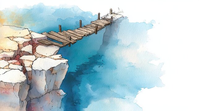 A wooden bridge extends over a chasm, connecting two rocky cliffs, illustrated in soft watercolor tones, evoking a sense of adventure and exploration.