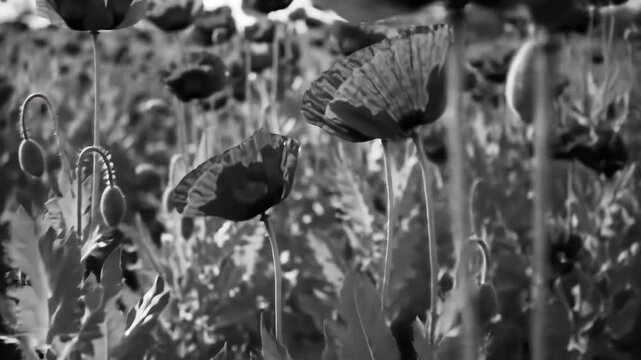 Black and white field of opium poppies with closed buds and seed pods swaying in the wind.