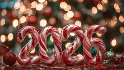 Obraz premium Candy cane decorations symbolize the year 2026 with festive lights in the background during holiday season