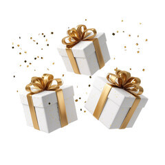 White gift boxes with golden ribbon flying isolated on transparent Or white background 