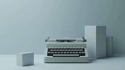 Vintage typewriter on minimalist table with geometric shapes and soft lighting