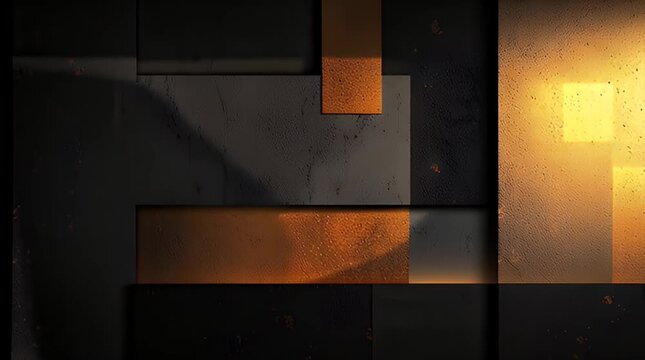 An abstract composition of geometric shapes in dark tones. Squares and rectangles of varying textures are overlaid, creating a modern, graphic design