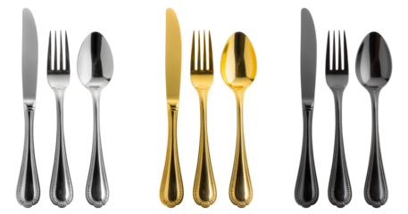 cutlery set – silver, gold and black, Isolated on transparent background, png