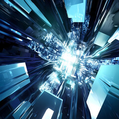 Futuristic abstract composition with glowing geometric shapes and dynamic perspective