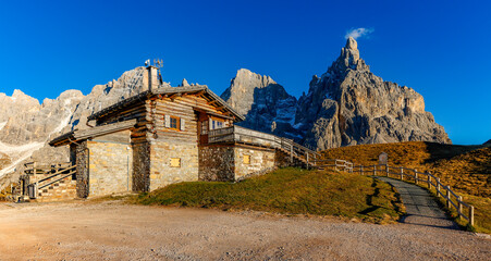 Fototapeta premium Late autumn scenic landscape of Baita Segantini in Trentino Alto Adige, Pale di San Martino, Italy, Dolomites, Europe 