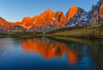 Late autumn scenic landscape of Baita Segantini in Trentino Alto Adige, Pale di San Martino, Italy, Dolomites, Europe	