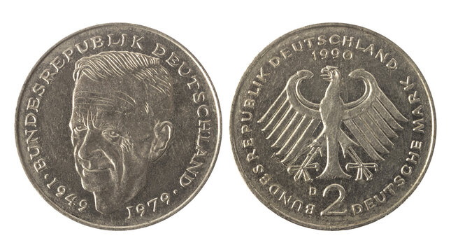 Isolated photo of 2 Germany Deutsche marks 1979 D Kurt Schumacher coin obverse and reverse on white background.