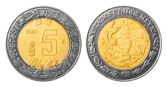 Isolated photo of 5 Mexican peso 2007 coin on white background.