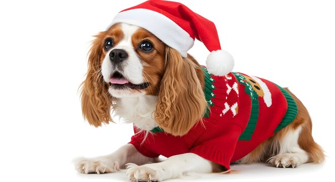 A cavalier spaniel wearing a santa hat and christmas sweater lying down on a white background looking cute