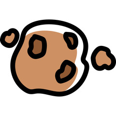 A Simple Cartoon Drawing of a Brown Cookie with Dark Brown Chocolate Chips and a Black Outline on a Transparent Background