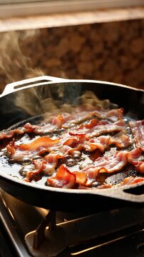 Sizzling strips of bacon cooking in a black cast iron pan on a stovetop with fat bubbling and steam rising from the hot meat