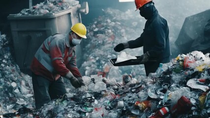 Two workers in protective gear sorting through trash at a waste management facility. - Powered by Adobe
