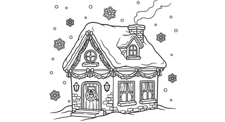 Fototapeta premium Festive winter cottage with snow-covered roof and holiday garland, perfect for coloring books, Christmas designs, and cozy winter scenes projects